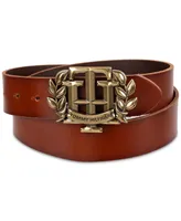 Tommy Hilfiger Men's Iconic Monogram Crest Plaque Buckle Leather Belt