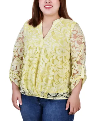 Ny Collection Plus Size Long Sleeve Burnout Y-Neck Blouse