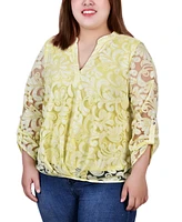 Ny Collection Plus Size Long Sleeve Burnout Y-Neck Blouse