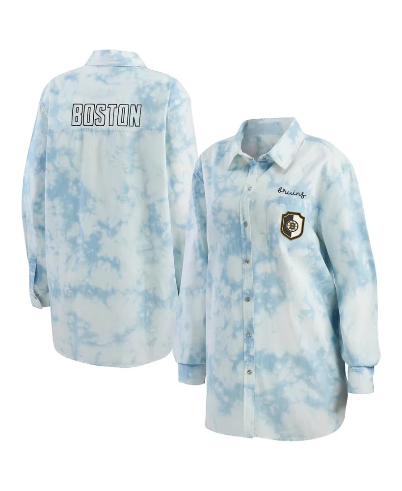 Women's Wear by Erin Andrews White Boston Bruins Oversized Tie-Dye Button-Up Denim Shirt