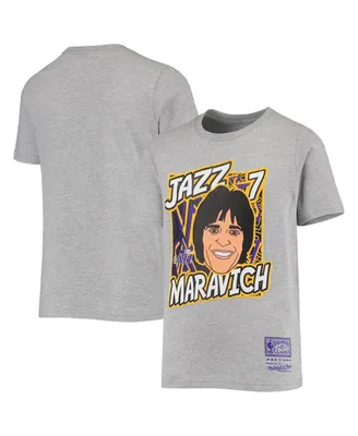 Big Boys Mitchell & Ness Pete Maravich Heathered Gray New Orleans Jazz Hardwood Classics King of the Court Player T-shirt