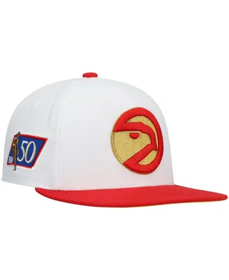 Men's Mitchell & Ness White, Red Atlanta Hawks Hardwood Classics 50th Anniversary Snapback Hat