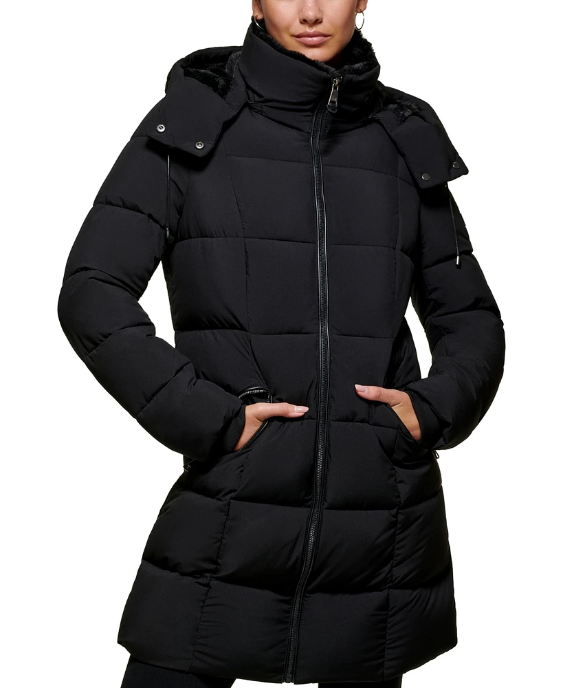 Dkny Petite Faux-Leather-Trim Hooded Puffer Coat