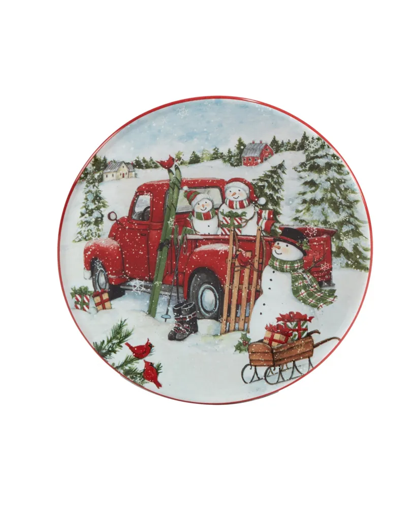 Certified International Red Truck Snowman 4 Piece Canape Plate Set