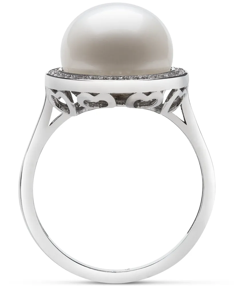 Belle de Mer Cultured Freshwater Button Pearl (11mm) & Cubic Zirconia Halo Ring in Sterling Silver