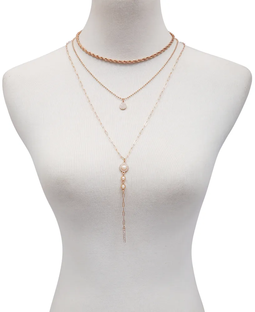 T Tahari Crystal and Imitation Pearl Layering Necklace Set, 3 Piece - Gold