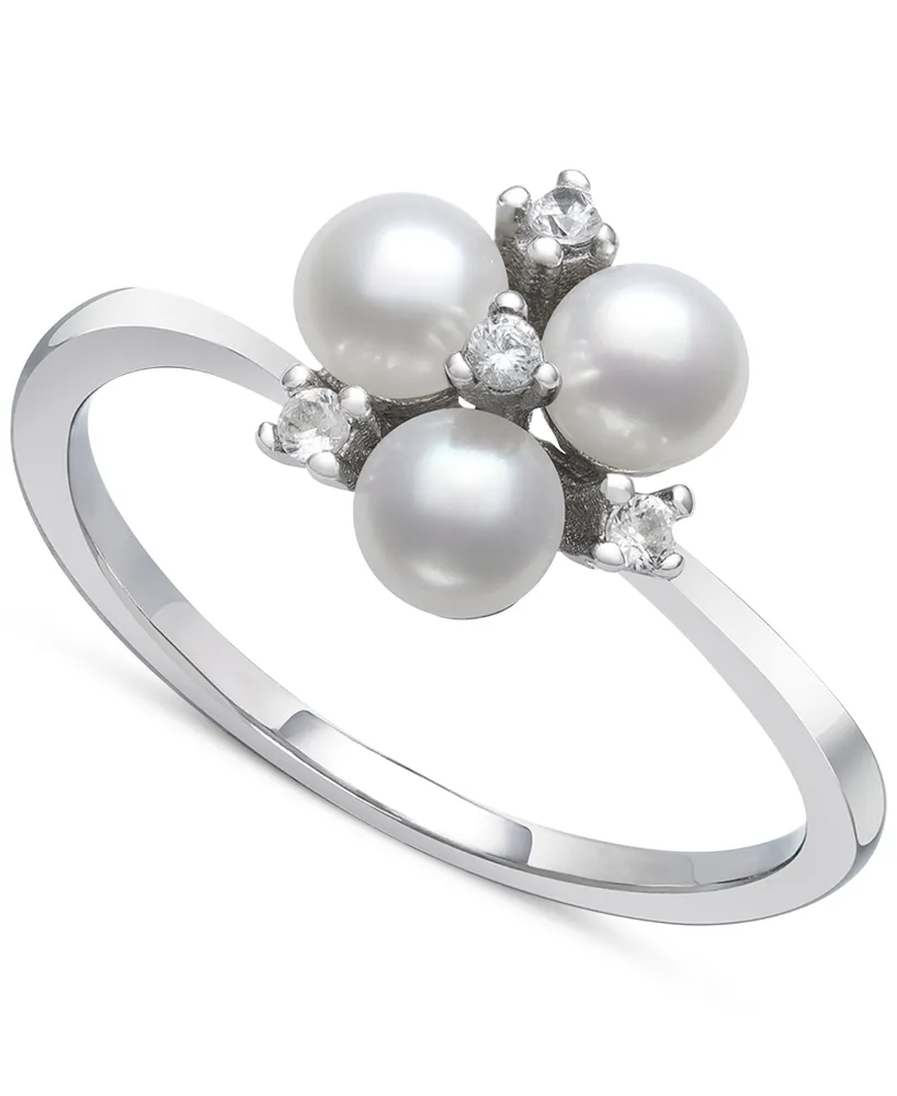 Belle de Mer Cultured Freshwater Button Pearl (4mm) & Lab-Created White Sapphire (1/10 ct. t.w.) Trillium Ring in Sterling Silver