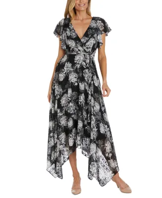 Nightway Women's Floral-Print Handkerchief-Hem Wrap Dress