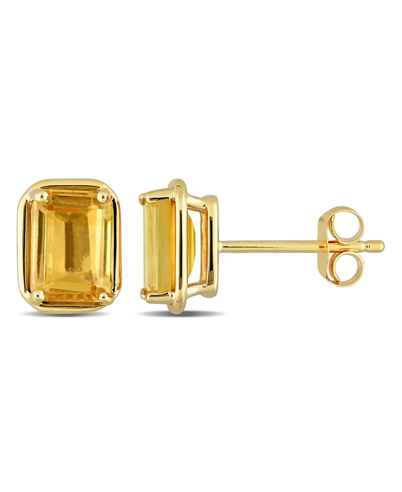 14K Yellow Gold Plated Citrine Emerald-Cut Stud Earrings