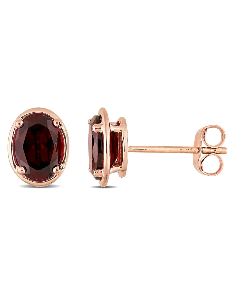 14K Rose Gold Plated Garnet Oval Stud Earrings