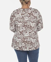 White Mark Plus Pleated Long Sleeve Floral Print Blouse