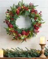 Glitzhome 24" Ornament Berry Holly Pine Wreath with Lights