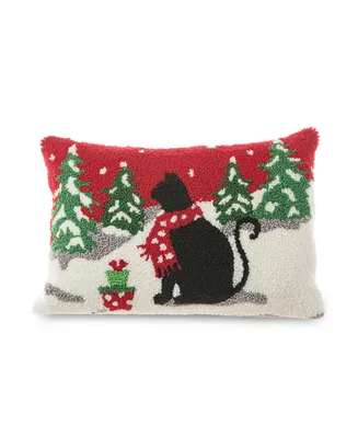 Glitzhome Hooked Christmas Cat Pillow, 18" x 12"