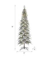 Glitzhome 9' Pre-Lit Flocked Pencil Spruce Artificial Christmas Tree with 470 Warm White Lights