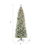 Glitzhome 9' Pre-Lit Flocked Pencil Pine Artificial Christmas Tree with 500 Warm White Lights