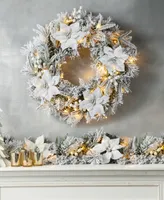 Glitzhome 24" Pre-Lit Snow Flocked Greenery Pine Poinsettia Christmas Wreath with 50 Warm White Lights