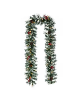 Glitzhome 9' Pre-Lit Greenery Pine Cones and Berries Christmas Garland, with 50 Warm White Lights