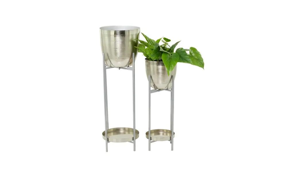 Metal Modern Planters with Stand, Set of 2 - Silver