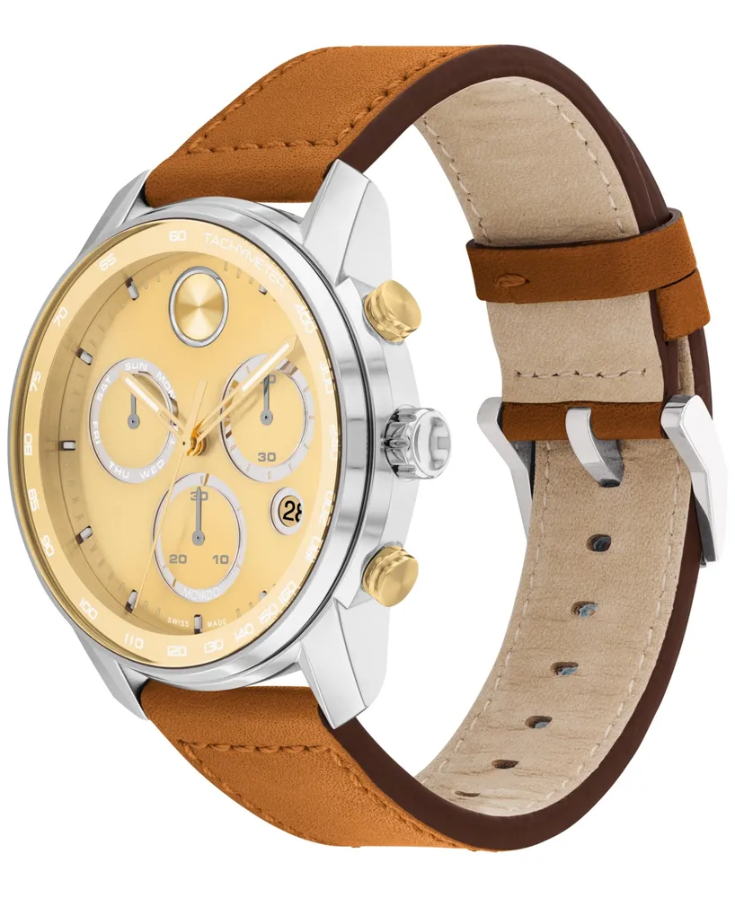 Movado Men's Swiss Chronograph Bold Verso Brown Leather Strap Watch 44mm