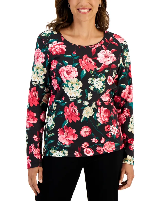 Karen Scott Women's Long-Sleeve Rose Print Top, Created for Macy's