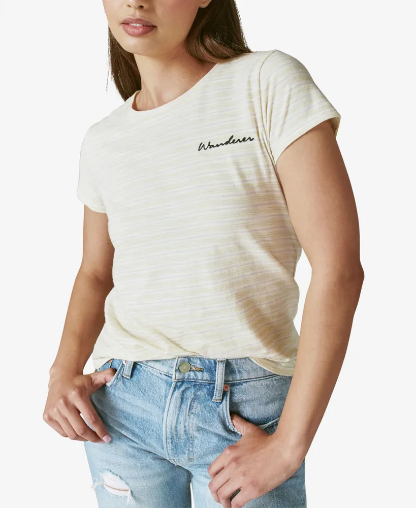 Lucky Brand Embroidered Striped Cotton T-Shirt