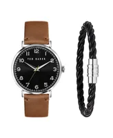 Ted Baker Men's Phylipa Brown Leather Strap Watch 43mm and Bracelet Gift Set, 2 Pieces