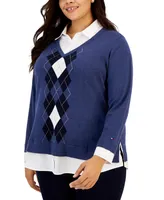 Tommy Hilfiger Plus Cotton Argyle Layered-Look Sweater