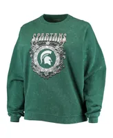 Women's ZooZatz Green Michigan State Spartans Garment Wash Oversized Vintage-Like Pullover Sweatshirt