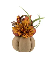 Mixed Autumn Harvest Flora in a Pumpkin Basket Decoration, 9"