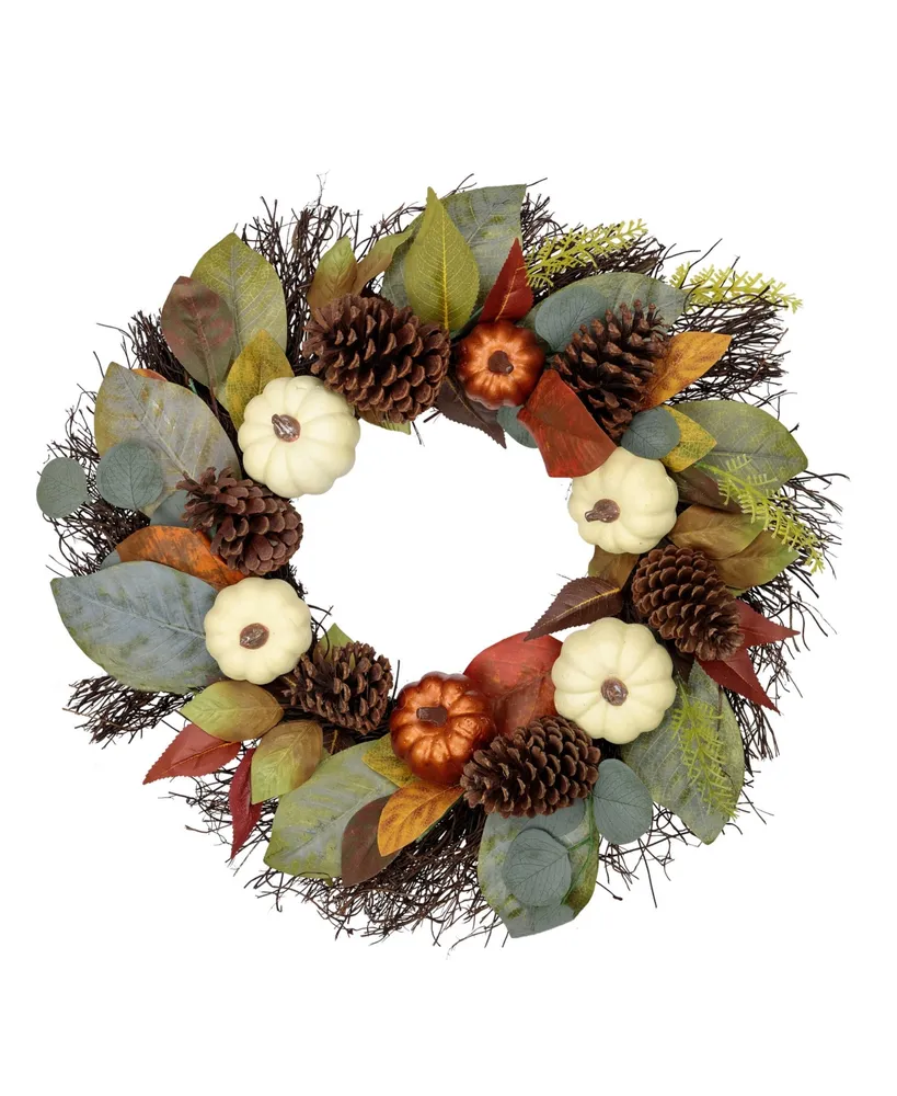 Pumpkin Pinecone and Gourd Artificial Fall Harvest Wreath Unlit, 24"