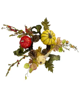 Pumpkin Berries Foliage and Pine Cone Fall Harvest Wreath Unlit, 13"