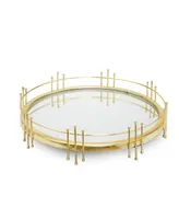 Classic Touch Round Mirror Tray with Symmetrical Design - Gold