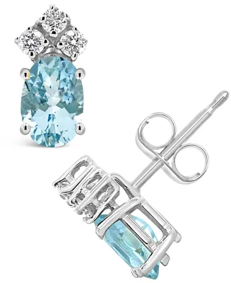 Aquamarine (3/4 ct.t.w) and Diamond (1/8 ct.t.w) Stud Earrings in 14K White Gold