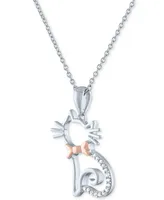 Diamond Accent Cat with Bowtie Pendant Necklace in Sterling Silver & 14k Rose Gold-Plate, 16" + 2" extender