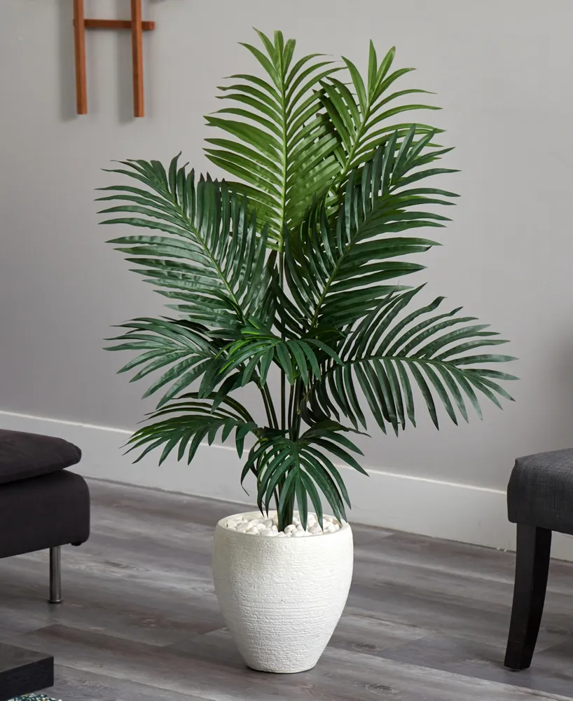 Nearly Natural 4.5' Kentia Palm Artificial Tree in White Oval Planter