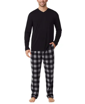 Cuddl Duds Men's Cabin 2-Pc. Solid Long-Sleeve V-Neck T-Shirt & Plaid Fleece Pajama Pants Set