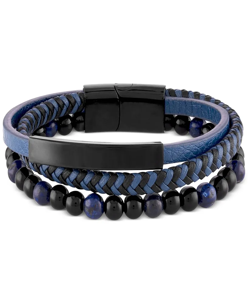 Men's Onyx & Lava Bead Triple Row Braided Leather Bracelet in Black Ion-Plated Stainless Steel (Also in Onyx/Sodalite)