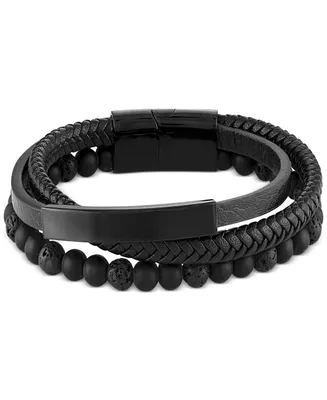 Men's Onyx & Lava Bead Triple Row Braided Leather Bracelet Black Ion-Plated Stainless Steel (Also Onyx/Sodalite)