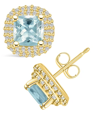 Macy's Aquamarine (1-3/4 ct. t.w.) and Diamond (3/8 ct. t.w.) Halo Stud Earrings in 14K Yellow Gold