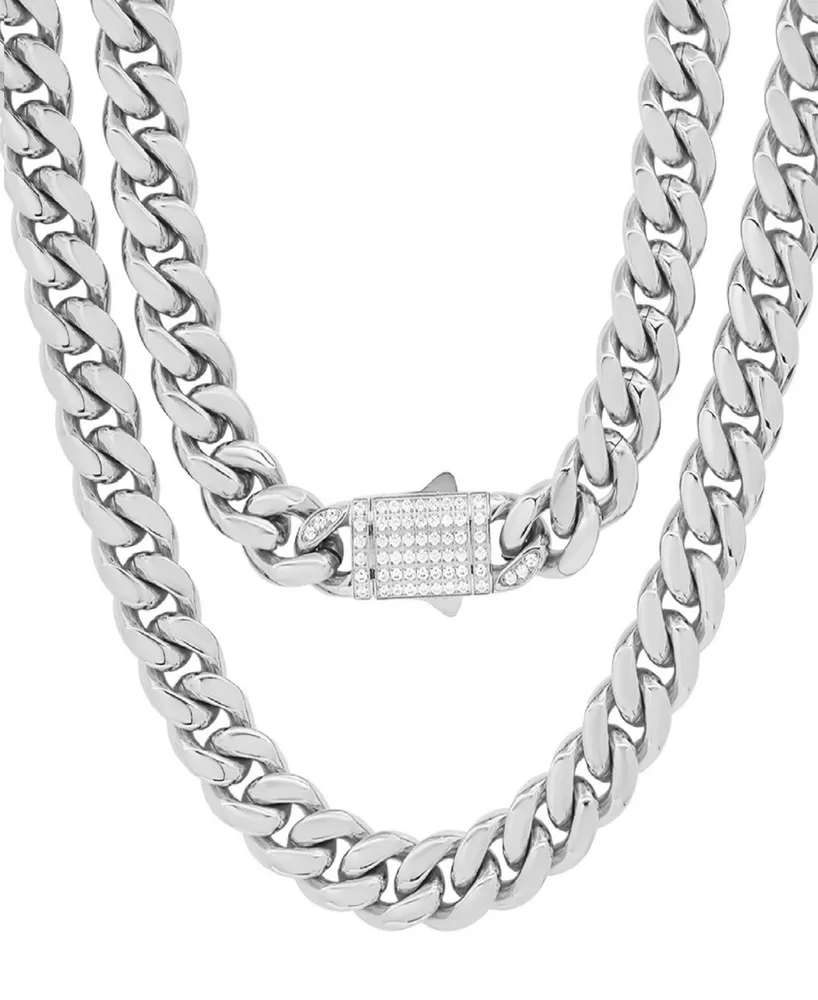 Steeltime Thick Cuban Link Chain with Simulated Diamonds Clasp Necklace