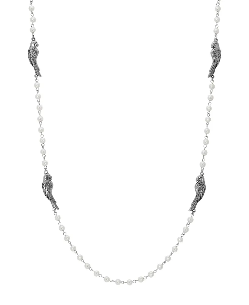 2028 Silver-Tone Pewter Parrot Imitation Pearl Chain Necklace