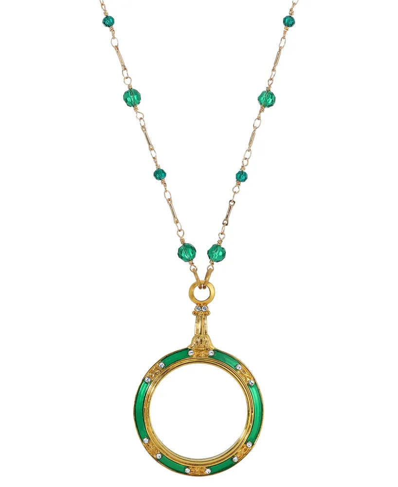 2028 14k Gold-Plated Green Enamel Magnifier with Glass Beads Necklace