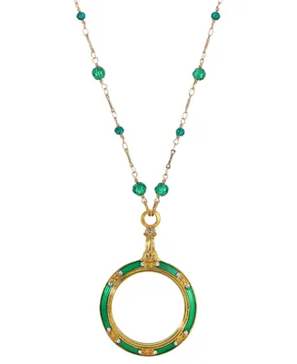 2028 14k Gold-Plated Green Enamel Magnifier with Glass Beads Necklace