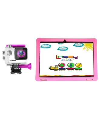 Linsay New 10.1" Tablet Octa Core 128GB Bundle with Pink Kids Defender Case and Kids Action Camera Newest Android 13