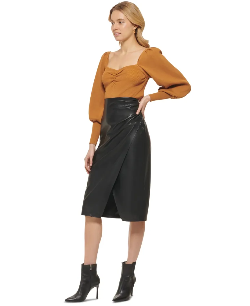 Dkny Women's Faux-Leather Ruched-Side Midi Skirt