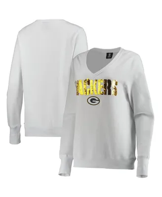 Women's Cuce White Green Bay Packers Victory V-Neck Pullover Sweatshirt