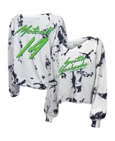 Women's Majestic Threads Dk Metcalf White Seattle Seahawks Off-Shoulder Tie-Dye Name and Number Long Sleeve V-Neck Crop-Top T-shirt