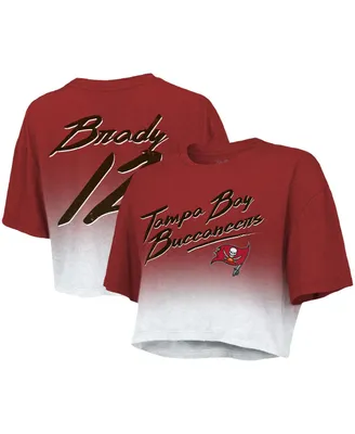 Women's Majestic Threads Tom Brady Red, White Tampa Bay Buccaneers Drip-Dye Player Name and Number Tri-Blend Crop T-shirt