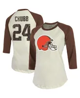 Women's Majestic Threads Nick Chubb Cream, Brown Cleveland Browns Player Name and Number Raglan 3/4-Sleeve T-shirt