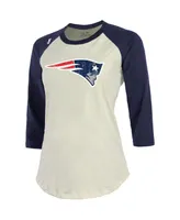 Women's Majestic Threads Mac Jones Cream, Navy New England Patriots Player Name and Number Raglan 3/4-Sleeve T-shirt